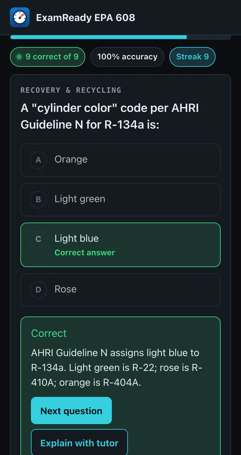 EPA 608 practice feedback on a phone: the correct choice highlighted with the explanation below it